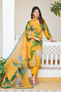 Thumbnail for Lyush Women's V Neck Work Organza Silk Fabric Kurta Pant With Dupatta Set - Yellow
