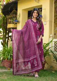Thumbnail for NOZ2TOZ Women Purple Printed Viscose Rayon Kurta, Pant And Dupatta Set