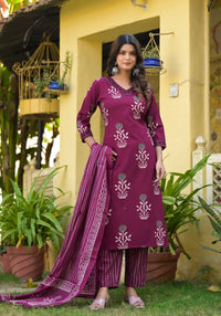 Thumbnail for NOZ2TOZ Women Purple Printed Viscose Rayon Kurta, Pant And Dupatta Set