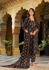 Thumbnail for NOZ2TOZ Women Black Printed Viscose Rayon Kurta, Pant And Dupatta Set