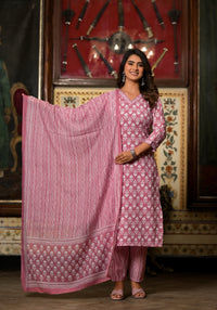Thumbnail for NOZ2TOZ Women Pink Printed Viscose Rayon Kurta, Pant And Dupatta Set