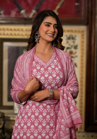 Thumbnail for NOZ2TOZ Women Pink Printed Viscose Rayon Kurta, Pant And Dupatta Set
