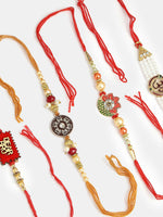 Thumbnail for NVR Men Set of 4 Gold-Toned Stone-Studded & Beaded Rakhi With Roli Chawal & Chocolate - Distacart