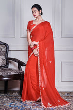 Thumbnail for Morchari Red Chiffon Hand Embroidery Saree And Stitched Blouse