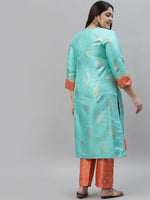 Thumbnail for Sztori Plus Size Floral Foil Printed Gotta Patti Straight Kurta With Trouser - Distacart