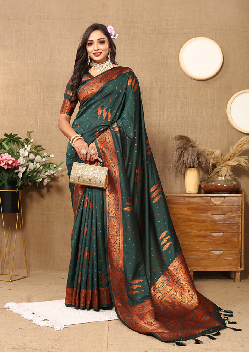 Lorenvalley Fashion Darkgreen Soft Silk Copper Zari weaving Design Saree - Distacart