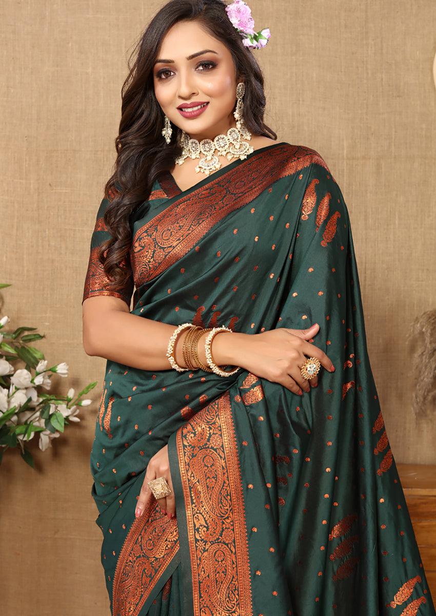 Lorenvalley Fashion Darkgreen Soft Silk Copper Zari weaving Design Saree