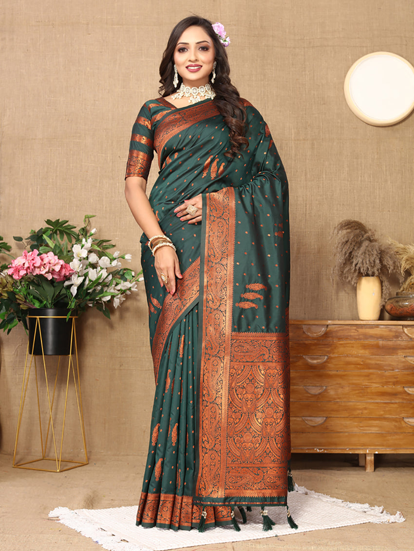 Lorenvalley Fashion Darkgreen Soft Silk Copper Zari weaving Design Saree