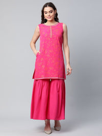 Thumbnail for Ahalyaa Pink Crepe Orange khari Print Kurta Sharara Set With Dupatta - Distacart