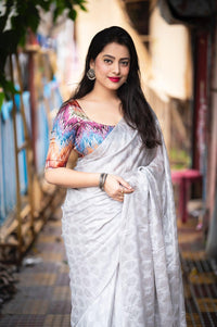 Thumbnail for Grey Poly Crepe Ethnic Motifs Saree with Unstitched Blouse - A2M