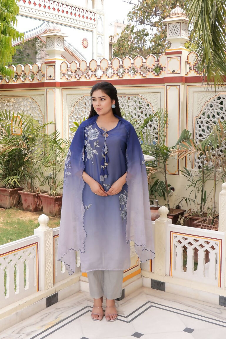 Vaasva Women Blue Tabby Slik Print & Embroidered Kurta, Pant & Dupatta Set - Distacart