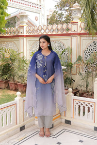 Thumbnail for Vaasva Women Blue Tabby Slik Print & Embroidered Kurta, Pant & Dupatta Set - Distacart