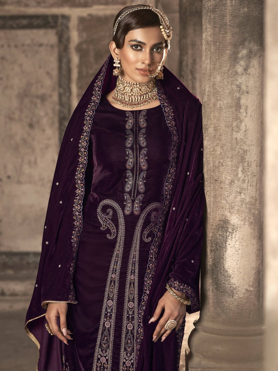 Aastha Fashion Women's Wine Velvet Floral Resham Thread with Jari work Kurta with Trouser & Dupatta - Distacart
