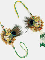 Thumbnail for NVR Women & Men Set of 2 Green Radha Krishna Beaded Bhaiya Bhabhi Rakhi With Roli Chawal - Distacart