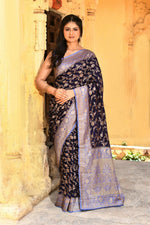 Thumbnail for Joban Fashion Navy Blue Crepe Chiffon Pure Handloom Banarasi Silk Saree