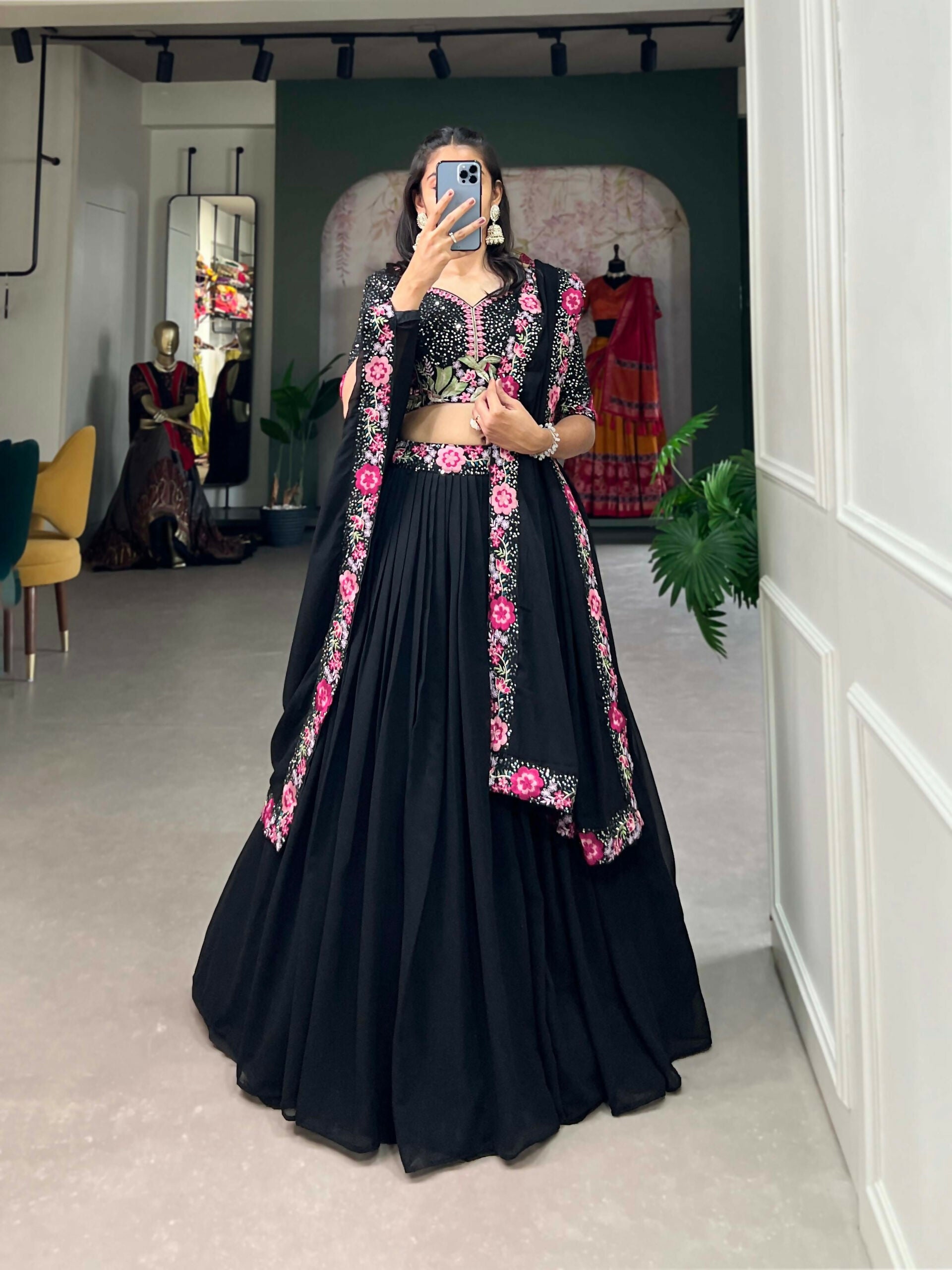 Vastranavya Party Wear Sequins And Delicate Embroidery Work Belt Lehenga Choli - Black - Distacart