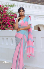 Thumbnail for Zibaa Hand-Dyed Mul Cotton Striped Saree with Tassels
