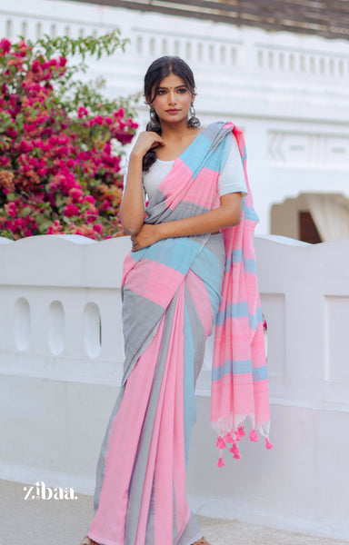 Zibaa Hand-Dyed Mul Cotton Striped Saree with Tassels