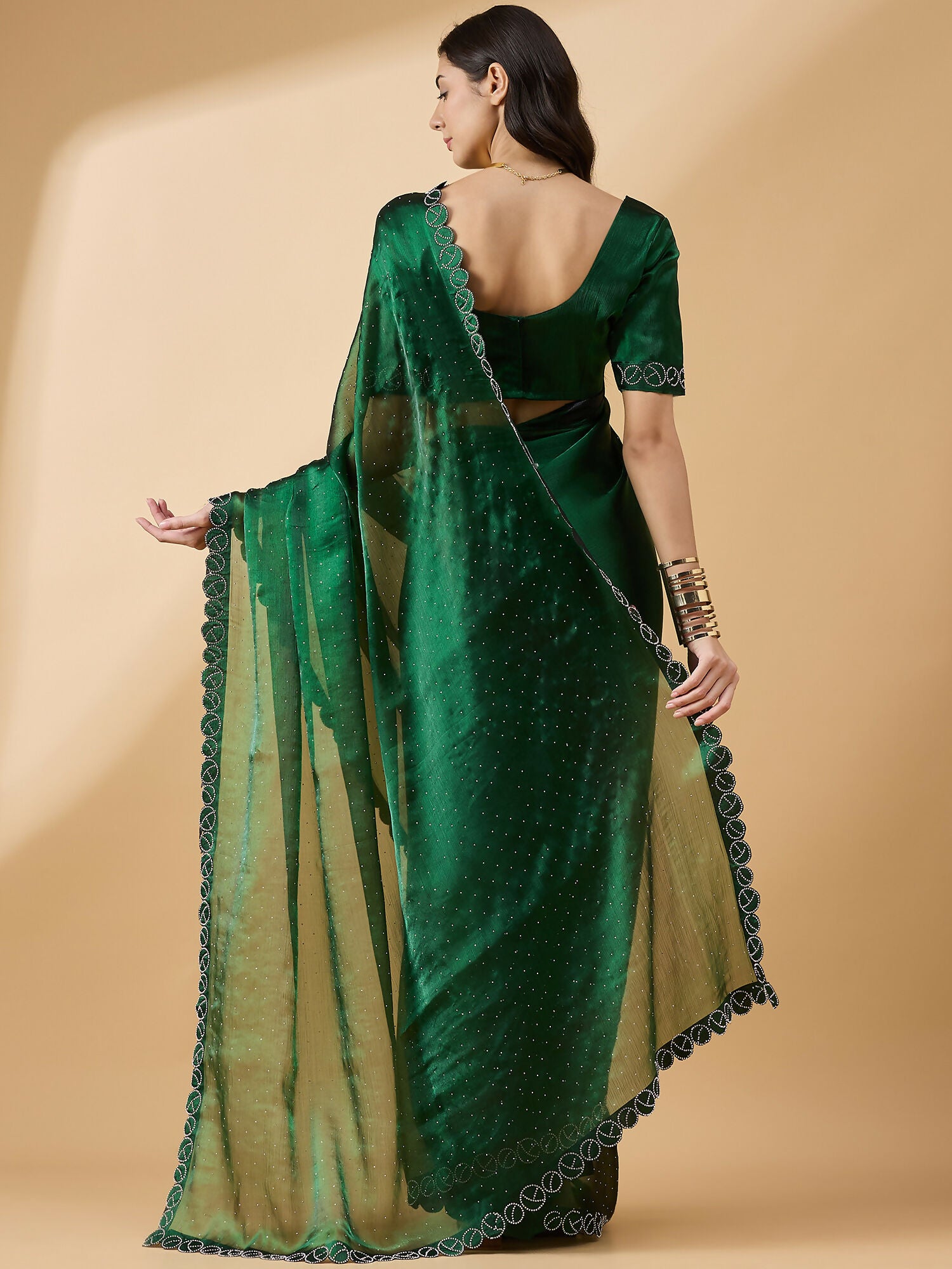 Green Organza Swaroski Diamond Work Saree with Unstitched Blouse - Radha - Distacart