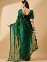 Thumbnail for Green Organza Swaroski Diamond Work Saree with Unstitched Blouse - Radha - Distacart