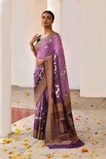 Thumbnail for Joban Fashion Plum Purple Crepe Chiffon Pure Handloom Banarasi Silk Saree