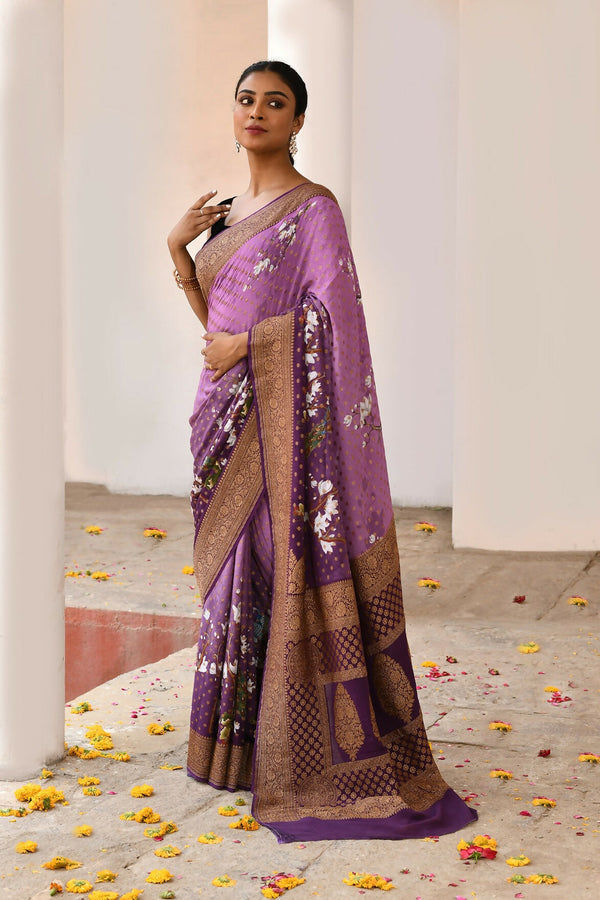 Joban Fashion Plum Purple Crepe Chiffon Pure Handloom Banarasi Silk Saree