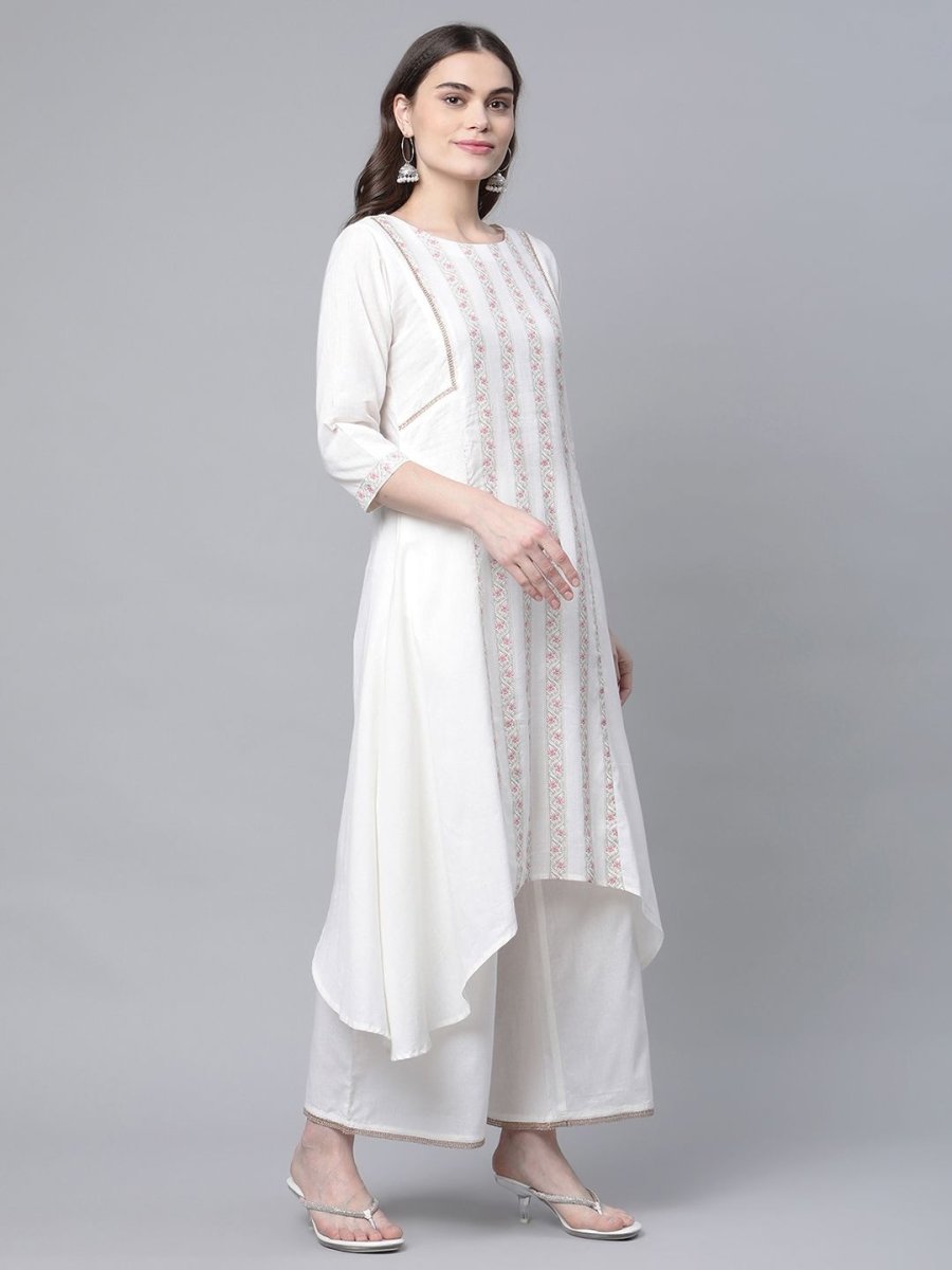 Ahalyaa Women's Off white Pure Cotton Printed Asymmetric Kurta Palazzo Set