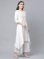 Thumbnail for Ahalyaa Women's Off white Pure Cotton Printed Asymmetric Kurta Palazzo Set