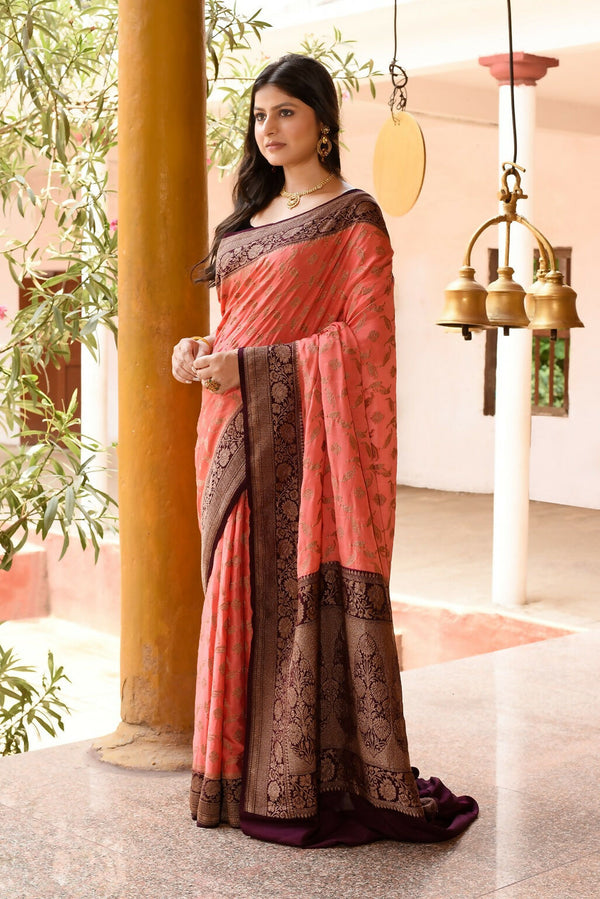 Joban Fashion Coral Crepe Chiffon Pure Handloom Banarasi Silk Saree