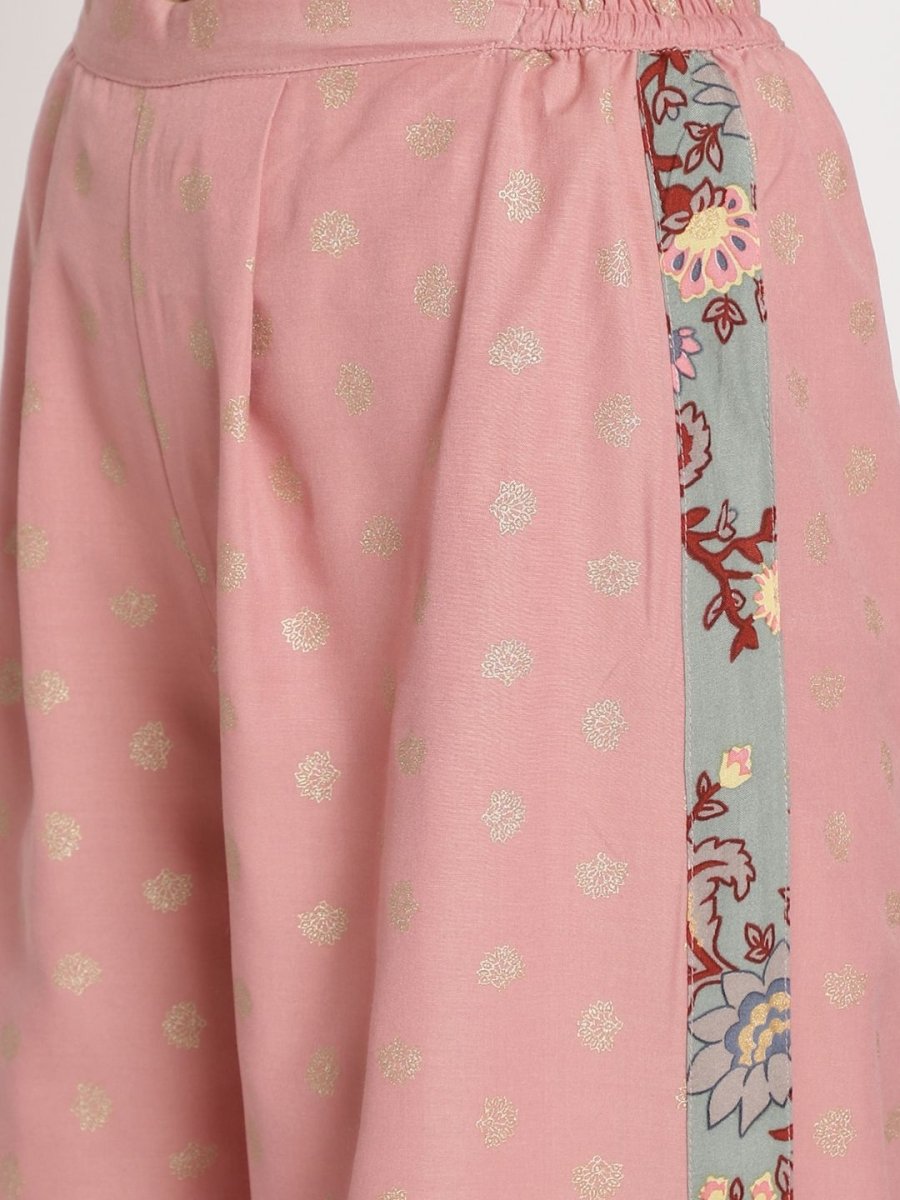 Ahalyaa Pink Ethnic Motifs Printed Angrakha Kurti With Palazzos For Women