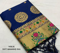 Thumbnail for Navy Blue Pure Silk Woven Design Saree with Unstitched Blouse - A2M