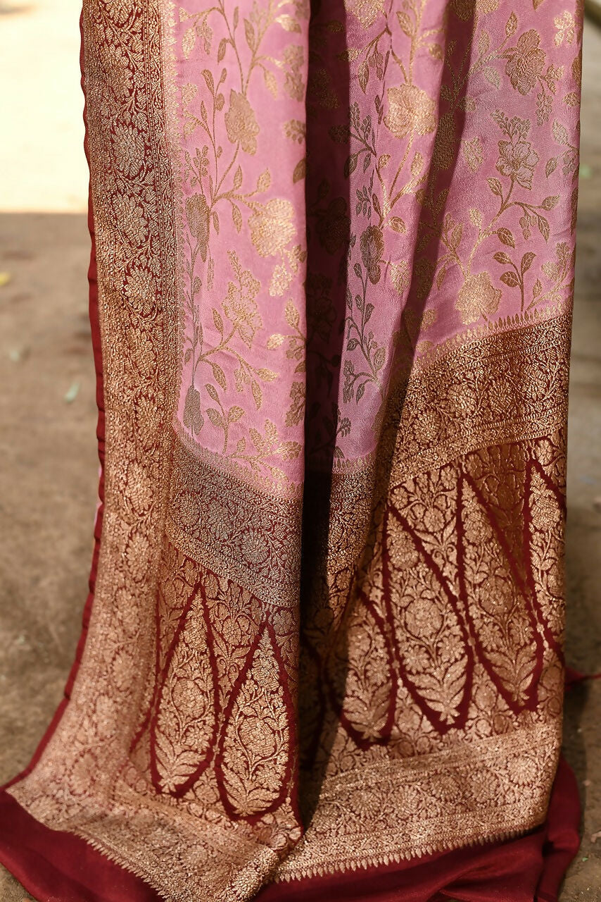 Joban Fashion Nude Pink Crepe Chiffon Pure Handloom Banarasi Silk Saree