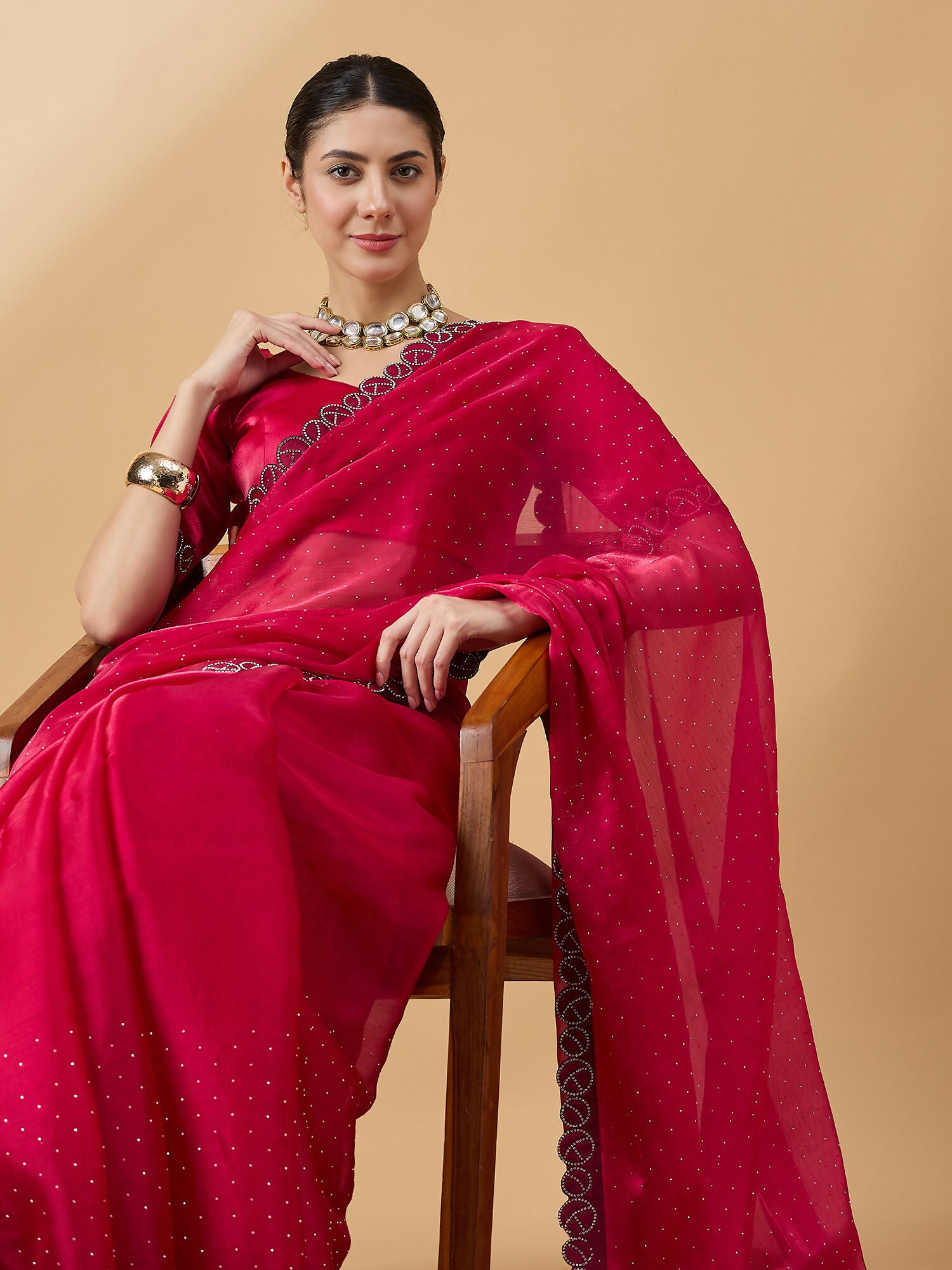 Pink Organza Swaroski Diamond Work Saree with Unstitched Blouse - Radha - Distacart