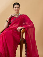 Thumbnail for Pink Organza Swaroski Diamond Work Saree with Unstitched Blouse - Radha - Distacart