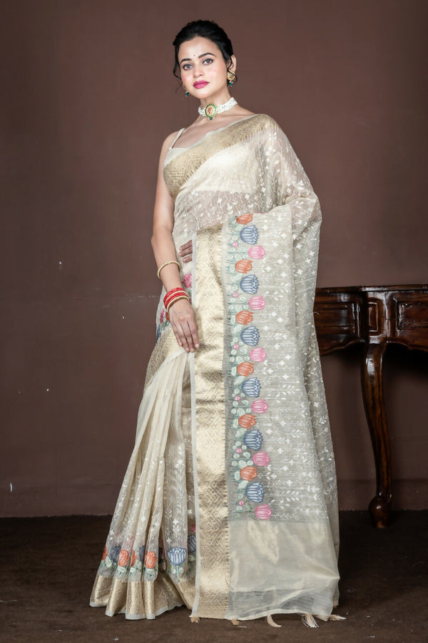 Morchari Beige Banarasi Tissue Computer Embroidery Saree Unstitched Blouse