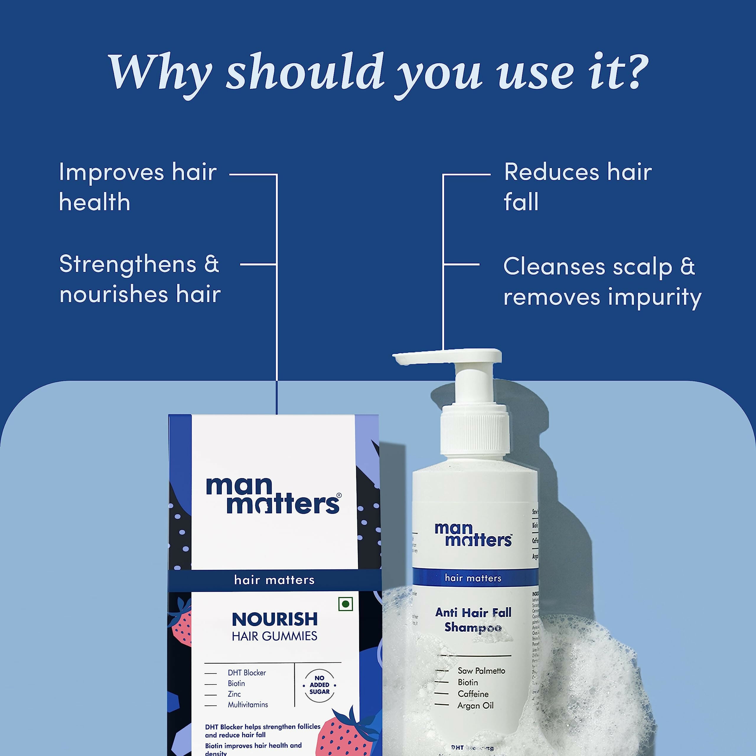 Man Matters Biotin Stage 1 Hair Loss Kit - Hair Gummies & Anti Hair Fall Shampoo With DHT Blocker, Biotin & Caffeine - Distacart