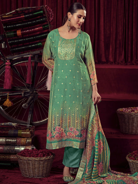 Jyoti Fashion Women's Green Organza Jacquard Woven Kurta with Trouser & Dupatta - Distacart