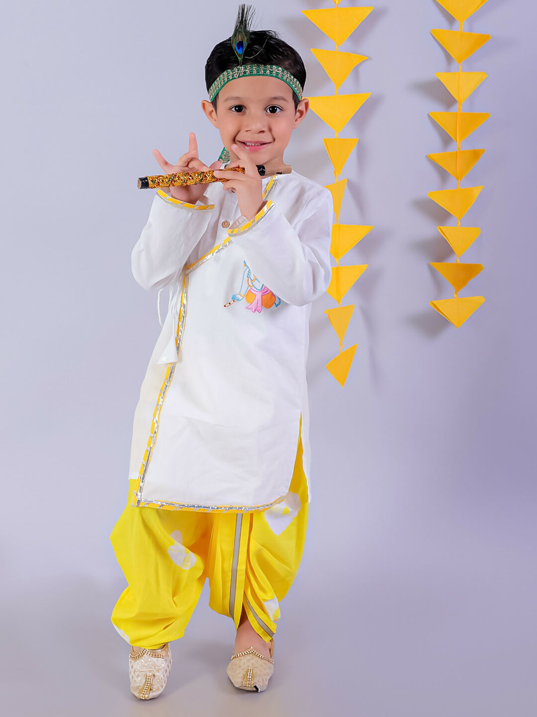 Lil Drama Janmashtami White Boys Cotton Kurta and Yellow Dhoti Ethnic Set