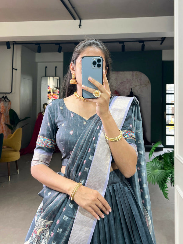 Vastranavya Kalamkari Print With Weaving Border Lehenga with Unstitched Blouse - Sae Green - Distacart