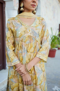 Thumbnail for Vaasva Women Yellow Muslin Embroidered Kurta, Pant & Dupatta Set - Distacart