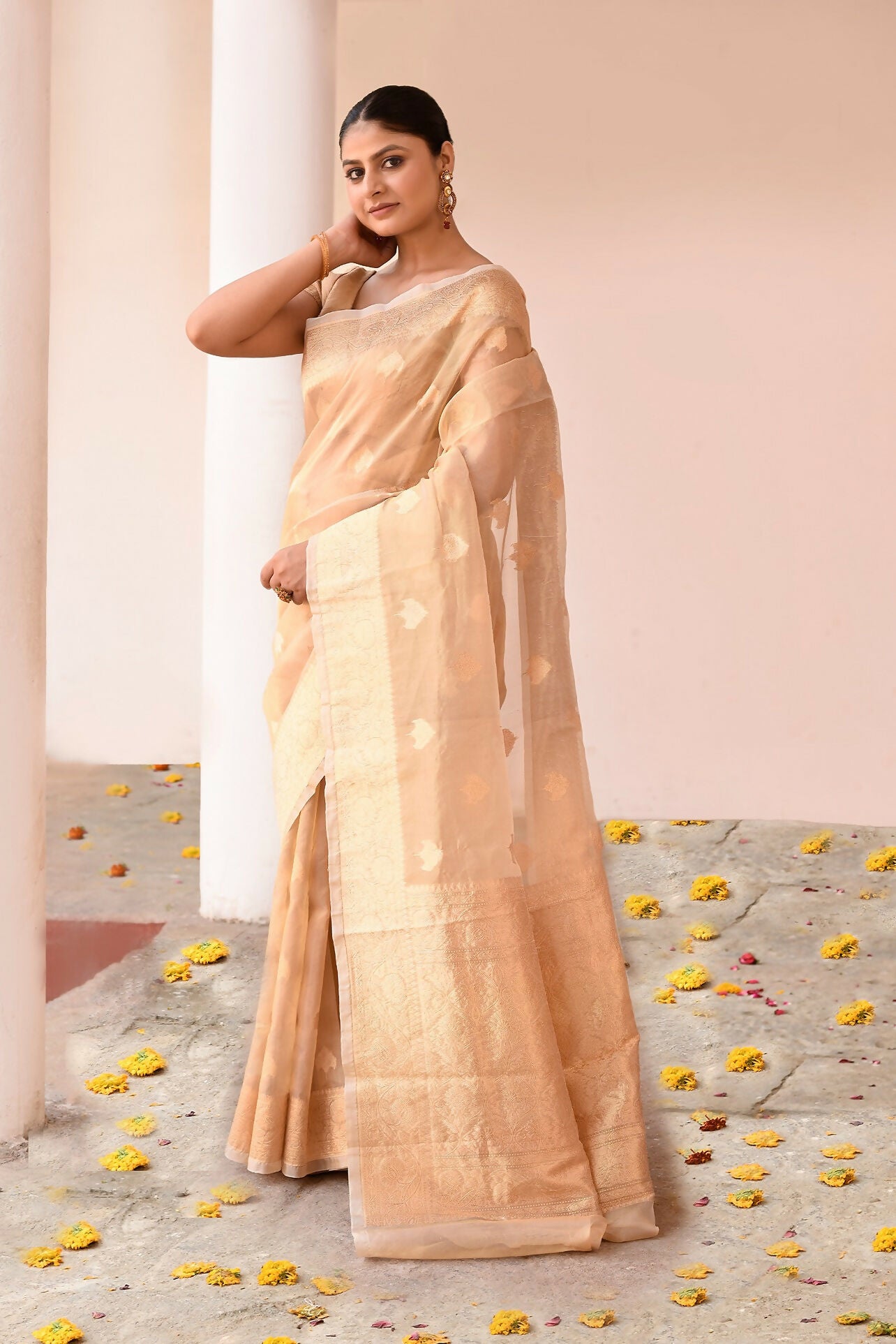 Joban Fashion Gold Banarasi Kora Tissue Pure Handloom Banarasi Silk Saree