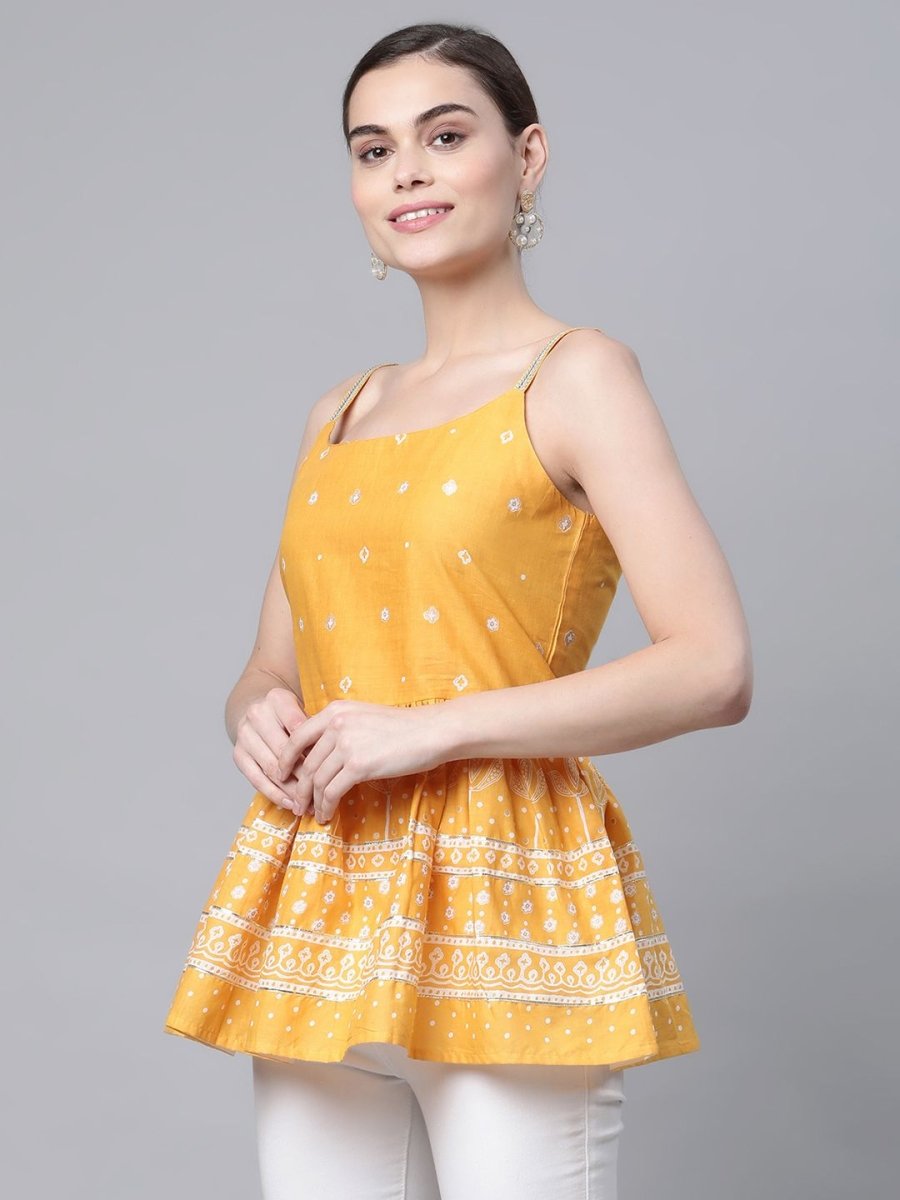 Ahalyaa Women Mustard Pure Cotton Porcian Print Shoulder Straps Tunic - Distacart