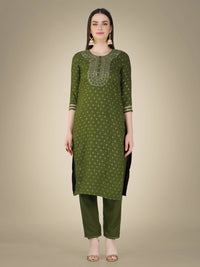 Thumbnail for Aastha Fashion Women's Mehendi Cotton Magic Slub Embroidery & Sequence Work Kurta with Trouser & Dupatta - Distacart