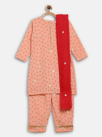 Thumbnail for Ahalyaa Peach Crepe Gold Printed Kids Kurta Sets With Dupatta For Girls - Distacart