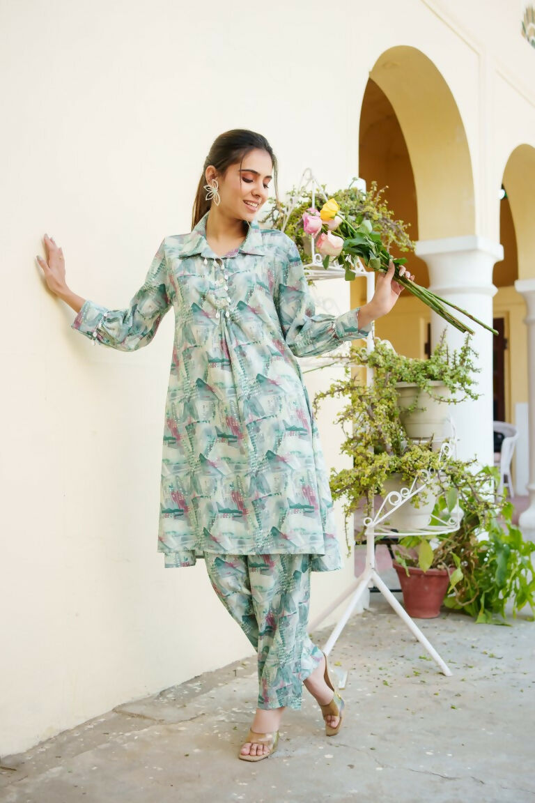 Vaasva Women Mint Muslin Printed Shirt & Pant Set - Distacart
