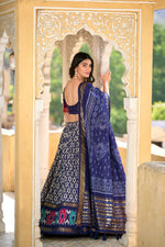 Thumbnail for Vastranavya Designer Ikkat Print With Foil Work Lehenga Choli - Navy Blue - Distacart