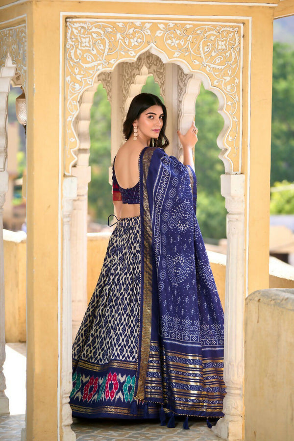 Vastranavya Designer Ikkat Print With Foil Work Lehenga Choli - Navy Blue - Distacart