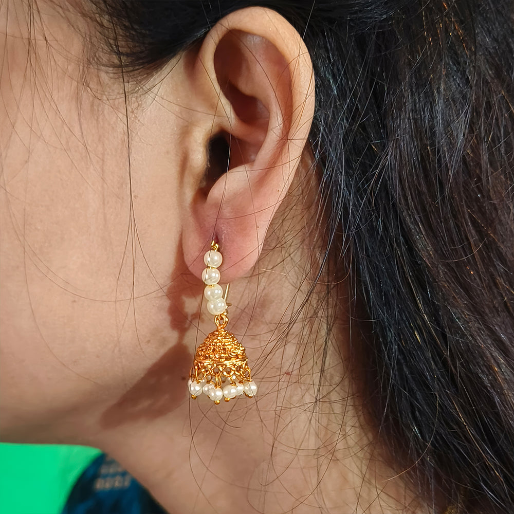 JS Fashion Antique Jhumka Earrings with Clustered Pearls – High Gold Polish Designer Party Wear Jewelry