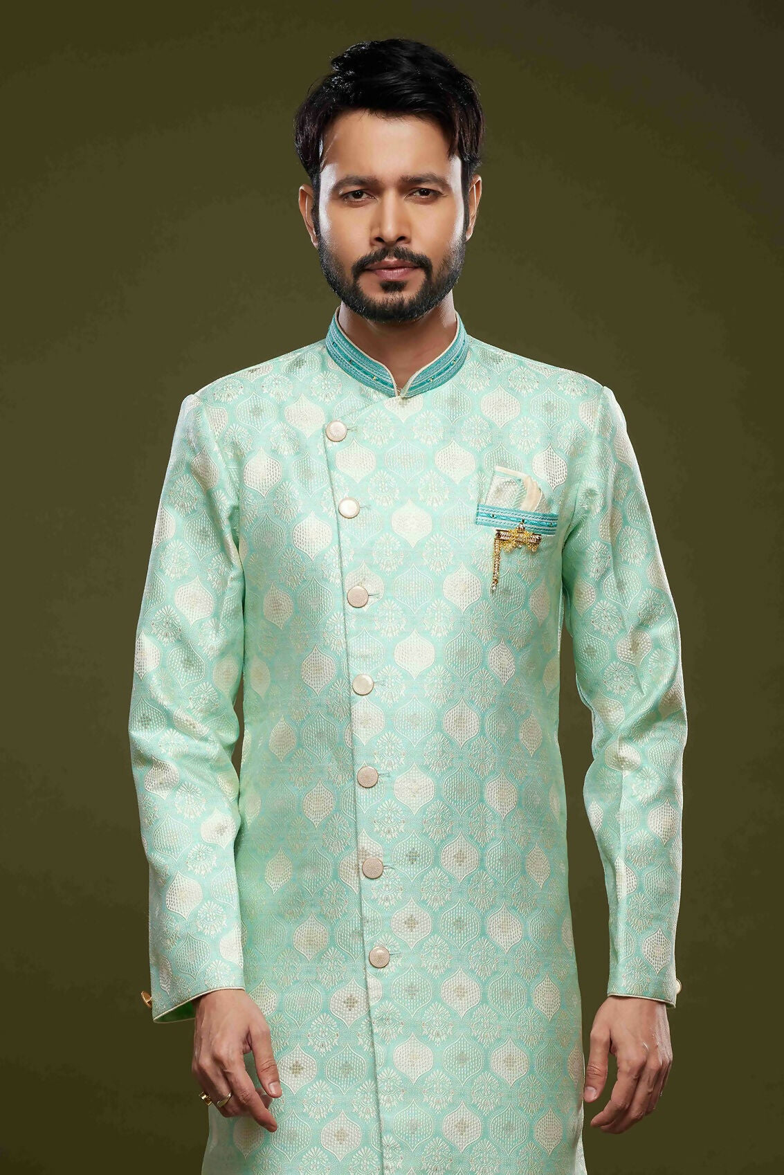 Raivat Ethnic Banarasi Jacquard Embroidery Semi Indo Western Sherwani In Pista Green Colour
