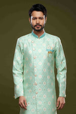 Thumbnail for Raivat Ethnic Banarasi Jacquard Embroidery Semi Indo Western Sherwani In Pista Green Colour